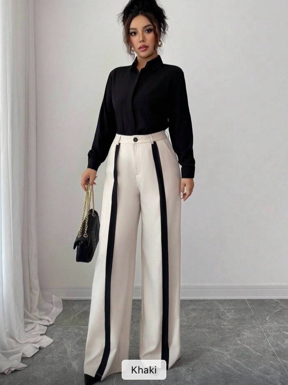 Wide-Leg Contrast Stripe Pants — Khaki/Black